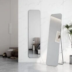 EMKE Full Length Mirror - 160x40 Cm Floor Standing Tilting Mirror For Dressing Bedroom Living Room, Aluminum Alloy Silver Framed Full Body Big Mirror With Round Corner, Wall Mounted / Standing