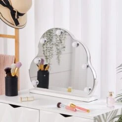 Livingandhome White Cloud Frame Dressing Mirror With 7 LED Bulbs Dimmable Desktop Decor