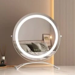 EMKE Hollywood Mirror 360° Rotation Dressing Table Mirror With Lights 3 Color Lighting Dimmable LED Cosmetic Vanity Mirror White ф50cm