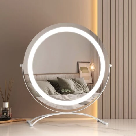 EMKE Hollywood Mirror 360° Rotation Dressing Table Mirror With Lights 3 Color Lighting Dimmable LED Cosmetic Vanity Mirror White ф50cm 3 EMKE Hollywood Mirror 360° Rotation Dressing Table Mirror With Lights 3 Color Lighting Dimmable LED Cosmetic Vanity Mirror White ф50cm
