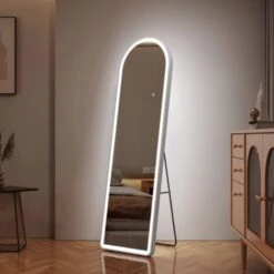 EMKE FreeStanding Floor Mirror Arched Dressing Mirror With Dimming & 3 Color Full Length Mirror With Led Lights 147x45cm White