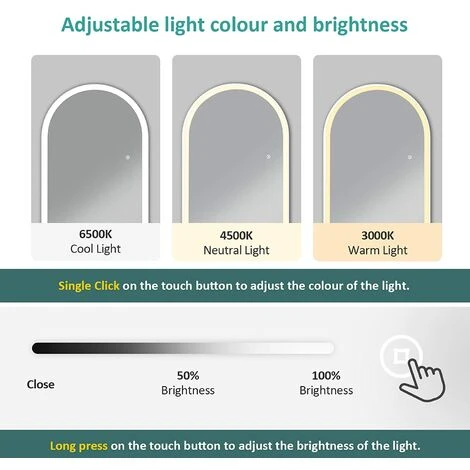 EMKE FreeStanding Floor Mirror Arched Dressing Mirror With Dimming & 3 Color Full Length Mirror With Led Lights 147x45cm White 5 EMKE FreeStanding Floor Mirror Arched Dressing Mirror With Dimming & 3 Color Full Length Mirror With Led Lights 147x45cm White - Image 3