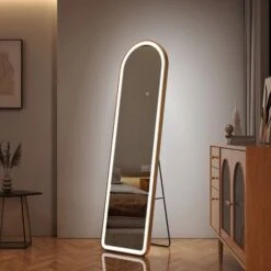 EMKE Freestanding Arched Mirror Full Length With LED Lights Tri-Colour Dimmable Dressing Mirror 160x45cm White Gold