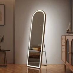 EMKE Freestanding Arched Mirror Full Length With LED Lights Tri-Colour Dimmable Dressing Mirror 147x45cm White Gold