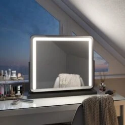 EMKE Hollywood Makeup Mirror Dressing Table LED Mirror,Touch Control, 3 Color Lighting Tabletop Cosmetic Mirror, 60 X 52cm, Black