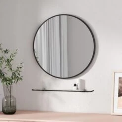 EMKE Round Mirror For Wall Black Metal Frame Circle Mirror, 50cm Bathroom Wall Decorative Mirror With 48cm Shelf