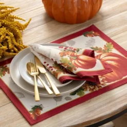 Swaying Leaves Bordered Fall Placemat, Set Of 4 - 13" X 19" - Red/White - Elrene Home Fashions