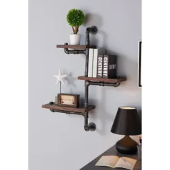 38" Orton Pine Wood 3 Floating Wall Shelves Industrial Gray/Walnut - Armen Living