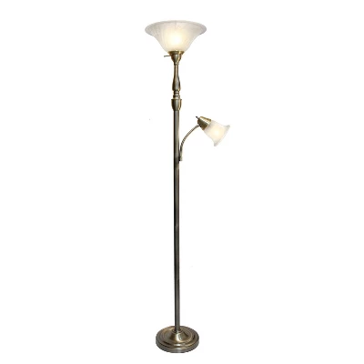Torchiere Floor Lamp With Reading Light And Marble Glass Shade Antique Brass - Lalia Home 3 Torchiere Floor Lamp With Reading Light And Marble Glass Shade Antique Brass - Lalia Home