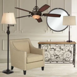 Possini Euro Design Rustic Farmhouse Table Lamp 33" Tall Dark Bronze Metal Off White Burlap Fabric Drum Shade For Bedroom Living Room House Bedside -Home Improvement Store GUEST 24151bcb b12c 4490 8df1 bd7a6cec36cd