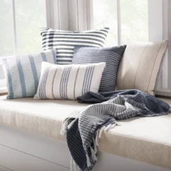 24"x24" Contrast Edge Stripe Oversized Throw Pillow Gray/Blue - Hearth & Hand™ With Magnolia