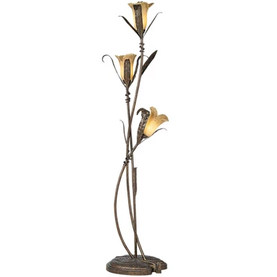 Franklin Iron Works Rustic Floor Lamp With USB Charging Port 3-Light 68 1/4" Tall Bronze Gold Lily-Shaped Amber Shade Living Room 8 Franklin Iron Works Rustic Floor Lamp With USB Charging Port 3-Light 68 1/4" Tall Bronze Gold Lily-Shaped Amber Shade Living Room - Image 6