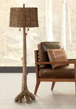 Barnes And Ivy Forrest Sequoia Tree Rustic Country Cottage Floor Lamp 61" Tall Faux Wood Brown Wicker Drum Shade For Living Room Bedroom Office House