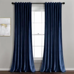 Home Boutique Prima Velvet Solid Light Filtering Back Tab/Rod Pocket Window Curtain Panels Navy 54X84 Set