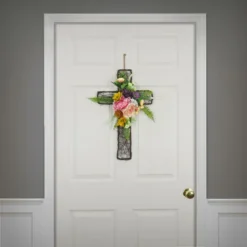 National Tree Company Artificial Floral Cross Decoration, Multi, Easter Collection, 23 Inches