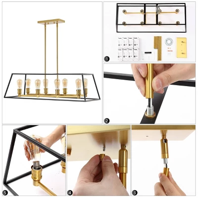 35" 8-Light Liane Farmhouse Industrial Iron Linear LED Pendant Black/Brass Gold - JONATHAN Y 11 35" 8-Light Liane Farmhouse Industrial Iron Linear LED Pendant Black/Brass Gold - JONATHAN Y - Image 9