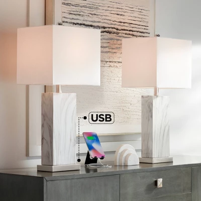 360 Lighting Connie Modern Table Lamps 25" High Set Of 2 White Faux Marble With USB Charging Ports Rectangular Shade For Living Room Office Desk House 3 360 Lighting Connie Modern Table Lamps 25" High Set Of 2 White Faux Marble With USB Charging Ports Rectangular Shade For Living Room Office Desk House