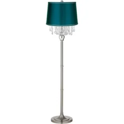 360 Lighting Modern Floor Lamp 62.5" Tall Satin Steel Crystal Chandelier Teal Blue Satin Drum Shade For Living Room Reading Bedroom Office