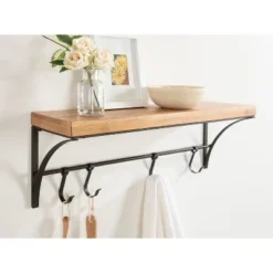 24" X 9" Ozias Shelf With Hooks Rustic Brown/Black - Kate & Laurel All Things Decor -Home Improvement Store GUEST 790646e1 6d59 4daa 97a1 c32425e57c8a
