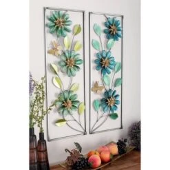 Set Of 2 Metal Floral Wall Decors With Gold Frame Green - Olivia & May