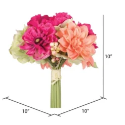 Vickerman 10" Artificial Polyester Pink, Orange, And Green Poppy And Dahlia Mixed Stem Bundle