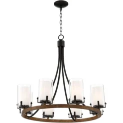 Stiffel Black Wood Wagon Wheel Chandelier 29 1/2" Wide Industrial Clear Outer Frosted Inner Glass 8-Light For Dining Room House -Home Improvement Store GUEST 912dab1f a1cc 4e8d beae de640d93ebcf