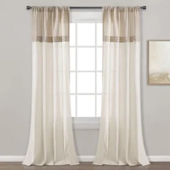 Home Boutique Farmhouse Faux Linen Colorblock Pleated Window Curtain Panels Linen 40X84 Set
