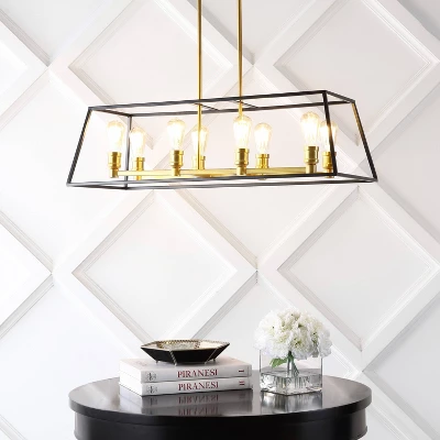 35" 8-Light Liane Farmhouse Industrial Iron Linear LED Pendant Black/Brass Gold - JONATHAN Y 4 35" 8-Light Liane Farmhouse Industrial Iron Linear LED Pendant Black/Brass Gold - JONATHAN Y - Image 2
