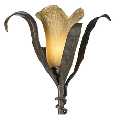 Franklin Iron Works Rustic Floor Lamp With USB Charging Port 3-Light 68 1/4" Tall Bronze Gold Lily-Shaped Amber Shade Living Room 4 Franklin Iron Works Rustic Floor Lamp With USB Charging Port 3-Light 68 1/4" Tall Bronze Gold Lily-Shaped Amber Shade Living Room - Image 2