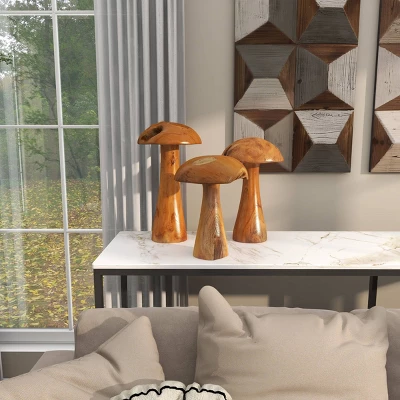 Set Of 3 Teak Wood Mushroom Handmade Live Edge Sculpture With Natural Smooth Finish Brown - Olivia & May 6 Set Of 3 Teak Wood Mushroom Handmade Live Edge Sculpture With Natural Smooth Finish Brown - Olivia & May - Image 4