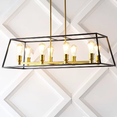 35" 8-Light Liane Farmhouse Industrial Iron Linear LED Pendant Black/Brass Gold - JONATHAN Y 6 35" 8-Light Liane Farmhouse Industrial Iron Linear LED Pendant Black/Brass Gold - JONATHAN Y - Image 4