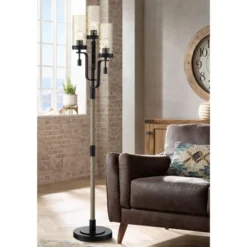 Franklin Iron Works Granada Rustic Farmhouse Tree Floor Lamp 64 1/4" Tall Black Faux Wood 3-Light Hammered Tinted Glass Shade For Living Room Reading