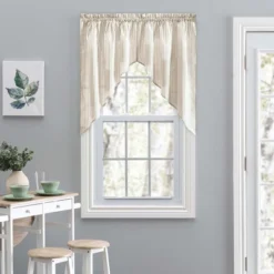 Ellis Curtain Plaza Classic Ticking Stripe Printed On Natural Ground 1.5" Rod Pocket Tailored Swag 56" X 36" Tan