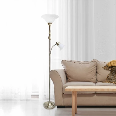 Torchiere Floor Lamp With Reading Light And Marble Glass Shade Antique Brass - Lalia Home 4 Torchiere Floor Lamp With Reading Light And Marble Glass Shade Antique Brass - Lalia Home - Image 2