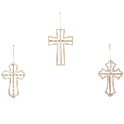 Set Of 3 Wood Biblical Carved Beaded Crosses Wall Decors With Rope Hanger Brown - Olivia & May 4 Set Of 3 Wood Biblical Carved Beaded Crosses Wall Decors With Rope Hanger Brown - Olivia & May - Image 2