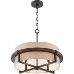 Possini Euro Design Bronze Wood Finish Pendant Chandelier 22" Wide Rustic Farmhouse Tan Fabric Drum 4-Light Fixture For Dining Room House -Home Improvement Store GUEST f0d0f05a 32c1 47ab a51c ccb88a583cb8