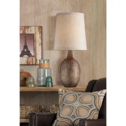 360 Lighting Chalane Rustic Accent Table Lamp 23 1/2" High Antique Bronze Hammered Texture Natural Beige Linen Shade For Bedroom Living Room Bedside -Home Improvement Store GUEST f125bc77 4265 437c 8fc4 29d5fb581972