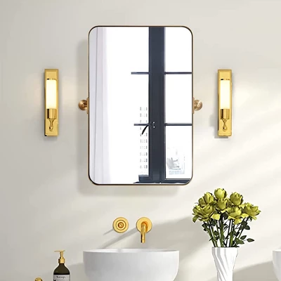 ANDY STAR 38 Inch Tall By 25 Inch Wide Rectangular Tilting Modern Floating Vanity Mirror With Rounded Edges And Adjustable Wall Mounts, Brushed Gold 6 ANDY STAR 38 Inch Tall By 25 Inch Wide Rectangular Tilting Modern Floating Vanity Mirror With Rounded Edges And Adjustable Wall Mounts, Brushed Gold - Image 4