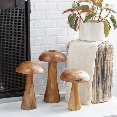 Set Of 3 Teak Wood Mushroom Handmade Live Edge Sculpture With Natural Smooth Finish Brown - Olivia & May 3 Set Of 3 Teak Wood Mushroom Handmade Live Edge Sculpture With Natural Smooth Finish Brown - Olivia & May