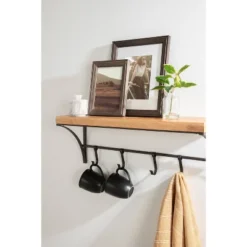 24" X 9" Ozias Shelf With Hooks Rustic Brown/Black - Kate & Laurel All Things Decor -Home Improvement Store GUEST fc0ac71e 7608 487f a989 4d0ec988baca