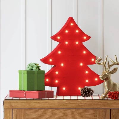 12" Battery Operated Lit Wood Christmas Tree Figurine - Wondershop™ Red 3 12" Battery Operated Lit Wood Christmas Tree Figurine - Wondershop™ Red